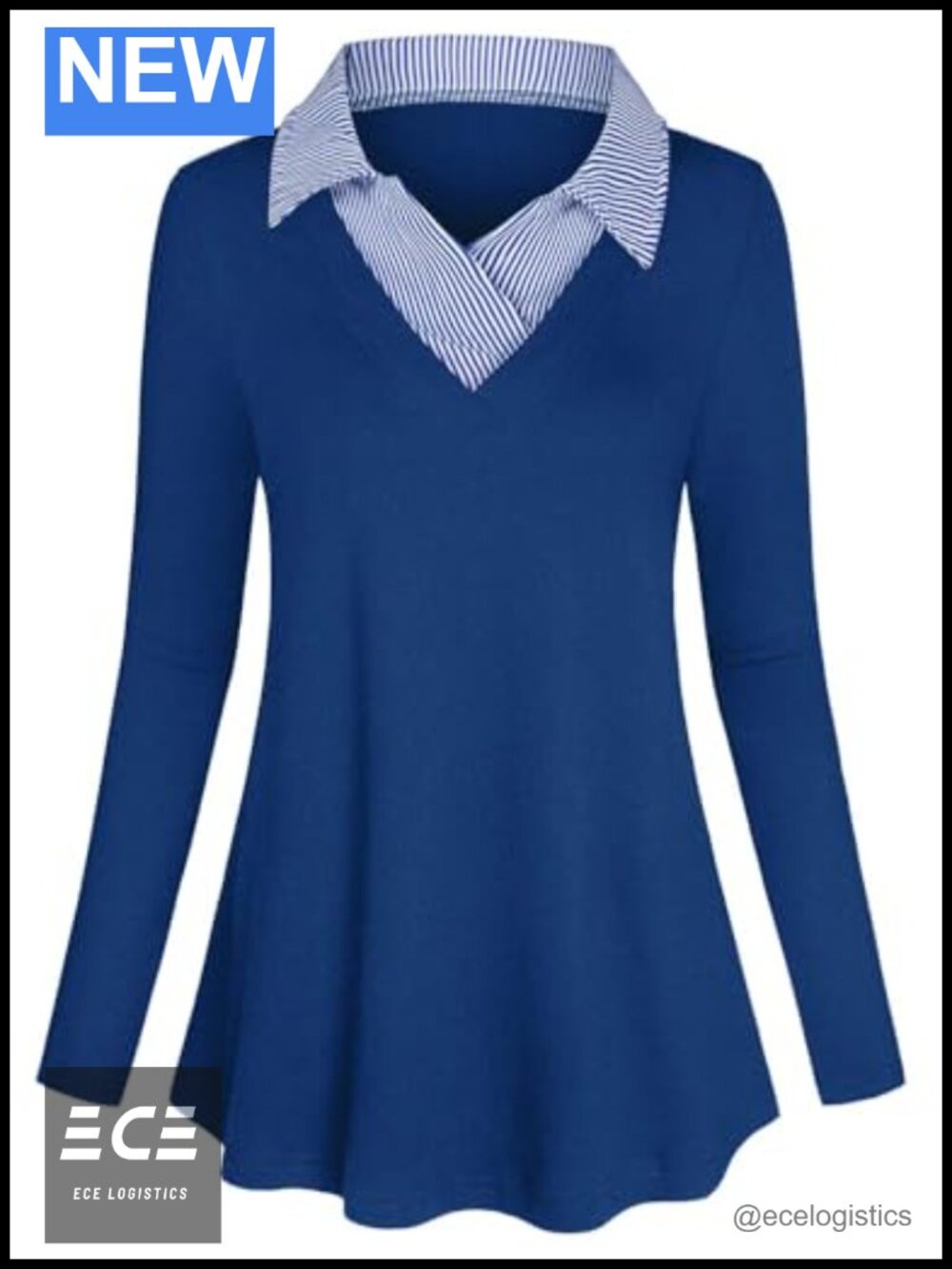 Long Sleeve Contrast Collar Pleated A-Line Tunic Office Blouse